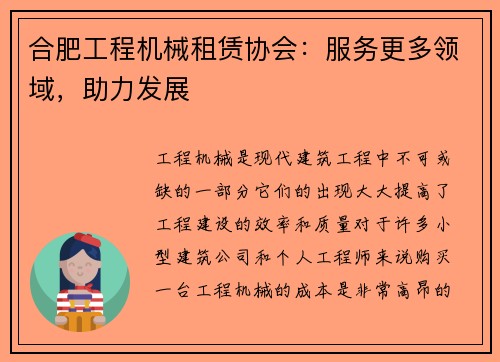 合肥工程机械租赁协会：服务更多领域，助力发展