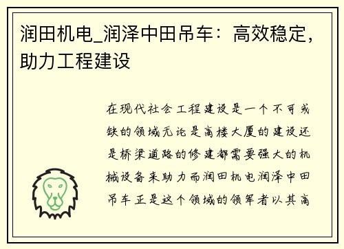 润田机电_润泽中田吊车：高效稳定，助力工程建设